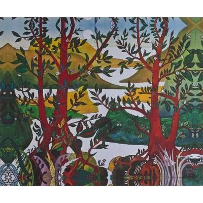 Four Red Trees,'Springtime Mountain Landscape Giclée Print on Canvas Mexico'