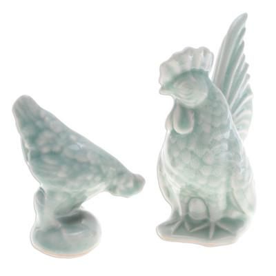 Japanese Rooster & Hen,'2 Handcrafted Green Celadon Ceramic Rooster & Hen Figurines'