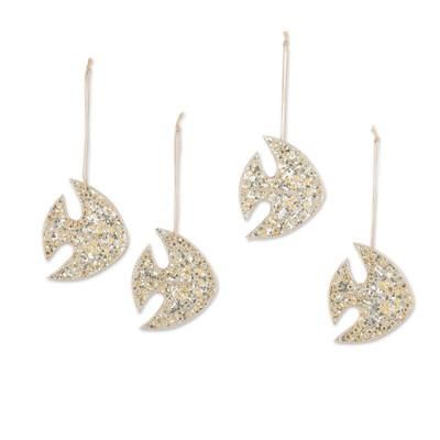 Shiny Ocean,'Set of 4 Handmade Beaded Wood Fish Ornaments with Jute Cords'