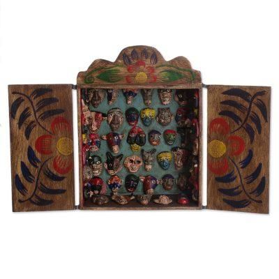 'Mask Collection' - Unique Wood Retablo Folk Art Sculpture