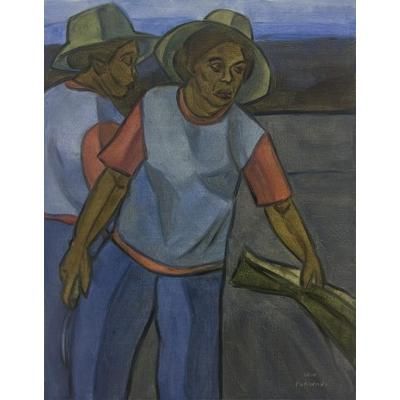 Farmers at Harvest,'Cubist Balinese Farm Scene Painting in Blue Shades'