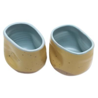 Yellow Squeeze,'Rustic Ceramic Teacups from Java (Pair)'
