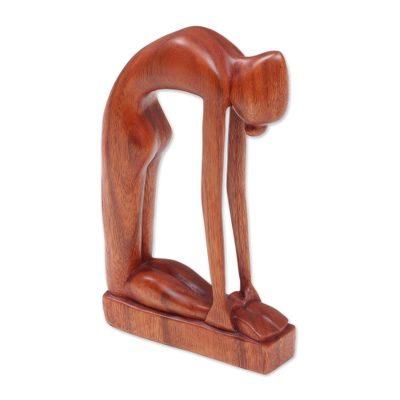 'Indonesian Hand-Carved Signed Wood Tabletop Yoga Sculpture'