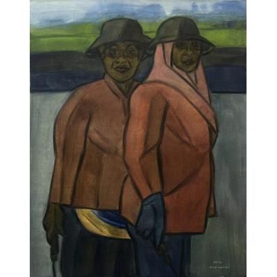 Two Farmers,'Signed Expressionist Painting of Two Farming Women from Bali'