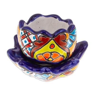 Talavera Eden in Indigo,'Handcrafted Floral Ceramic Pot with Saucer in an Indigo Hue'