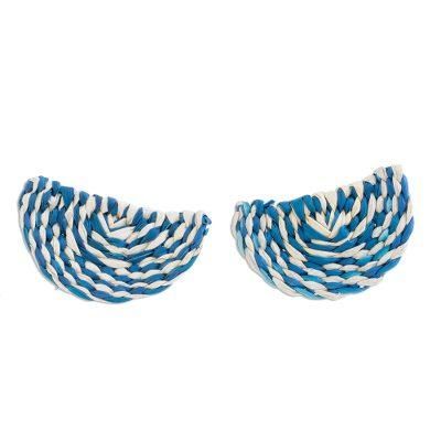'Blue and Ivory Woven Junco Reed Half-Circle Button Earrings'