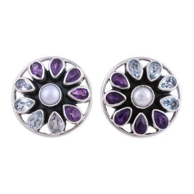 'Star-Shaped Multi-Gemstone Button Earrings from India'
