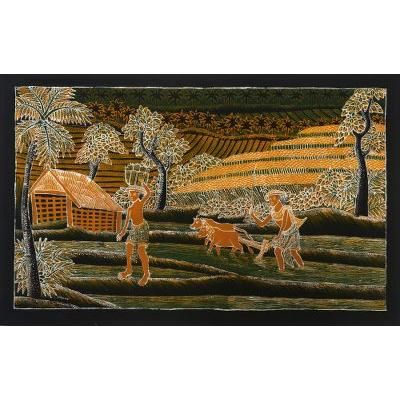 Farmers Routine,'Batik Cotton Farmlife Wall Hanging from Bali'