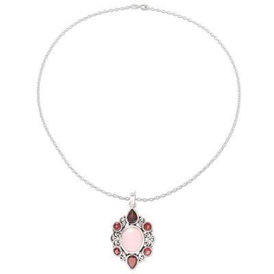 Glory of Red,'Garnet and Rose Quartz Pendant Necklace from India'