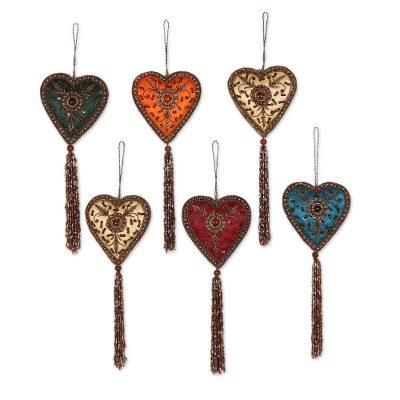Season of Love,'Indian Colorful Hand Made Beaded Heart Ornaments (Set of 6)'