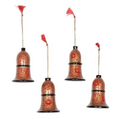 Floral Excitement,'Artisan Crafted Papier Mache Bell Ornaments (Set of 4)'