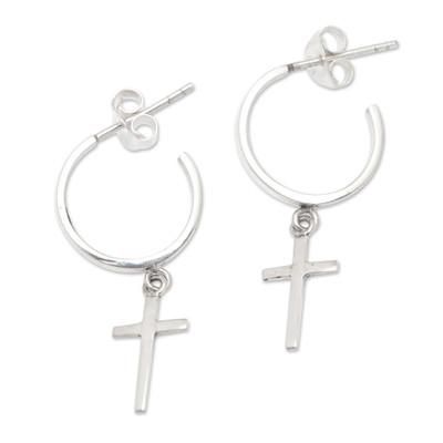 Balance Cross,'Cross-Themed Modern Sterling Silver Half-Hoop Earrings'