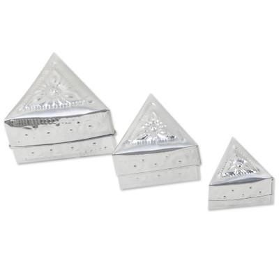 Triangular Palace,'Set of 3 Repousse Triangular Aluminum Decorative Boxes'
