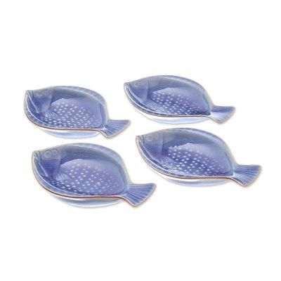 Festive Fish,'Fish-Shaped Blue Ceramic Appetizer Bowls (Set of 4)'