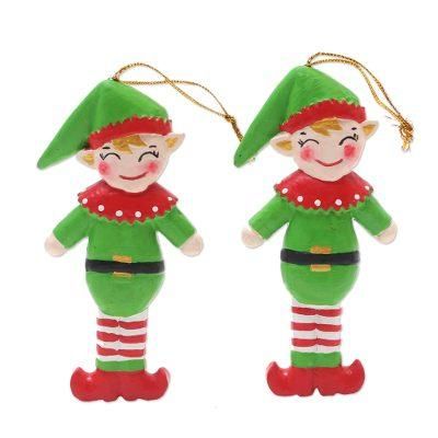 Happy Elves,'Handmade Albesia Wood Elf Holiday Ornaments (Pair)'