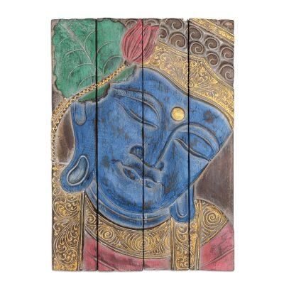 Buddha Visage in Blue,'Four Panel Wood Wall Panel Buddha in Blue'