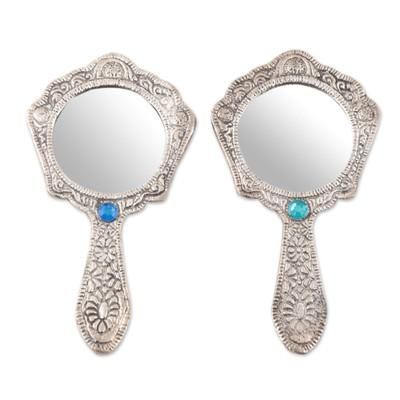 Princess of Delhi,'Pair of Antiqued Aluminum Hand Mirrors with Beads from India'
