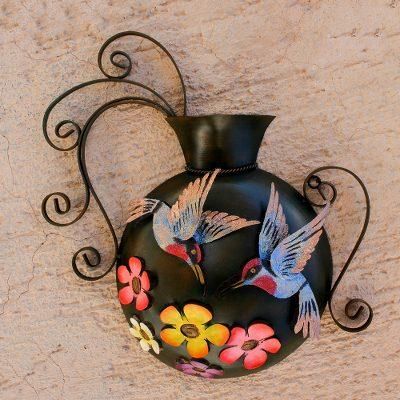 Hummingbirds and Flowers,'Floral Hummingbird Steel Wall Sculpture from Mexico'