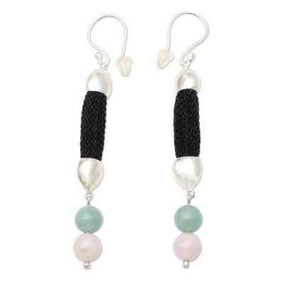 Soft Side,'Hand Made Rose Quartz and Beryl Dangle Earrings'