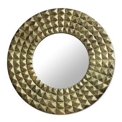Circling Pyramids,'Antiqued Embossed Brass Circular Wall Mirror from India'