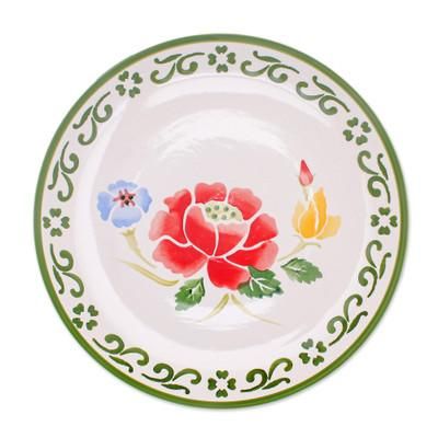 Poppy Garden in Green,'Handcrafted Ceramic Plate from Thailand'