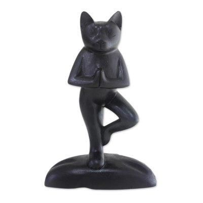 Wood sculpture, 'Black Cat Tree Pose Yoga' - Suar Wood Sculpture