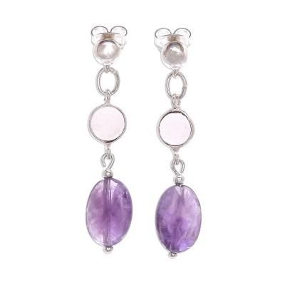 Lilac Season,'Rose Quartz and Faceted Amethyst Post Dangle Earrings'