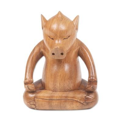 Gentle Master,'Handmade Brown Suar Wood Pig Statuette from Bali'