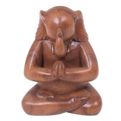 Praying Elephant,'Handmade Balinese Suar Wood Statuette of Elephant at Prayer'