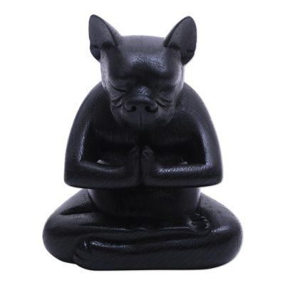 Yoga Boston Terrier in Black,'Yoga Meditation Black Boston Terrier Handmade Wood Statuette'
