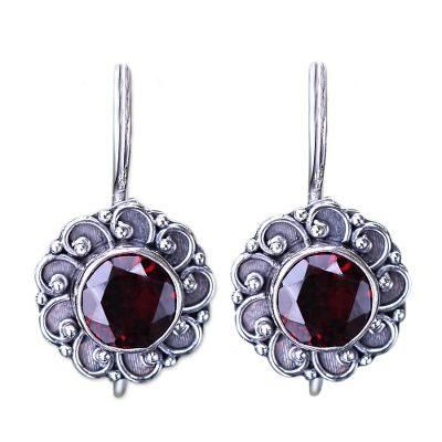 Silver and Garnet Sunflower Drop Earrings from Bali 'Singaraja Sunflower Red'