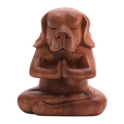 Yoga Beagle,'Yoga Meditation Brown Beagle Hand Carved Wood Statuette'