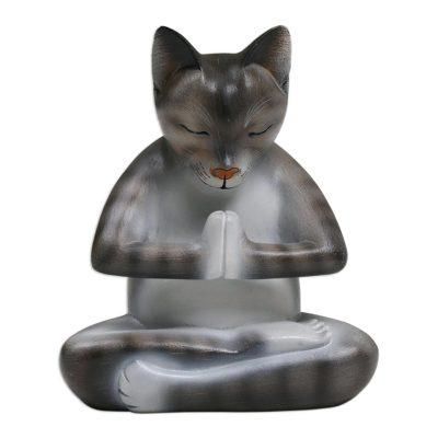 Meditating Kitty in Grey,'Wood Meditating Cat Sculpture in Grey and White from Bali'