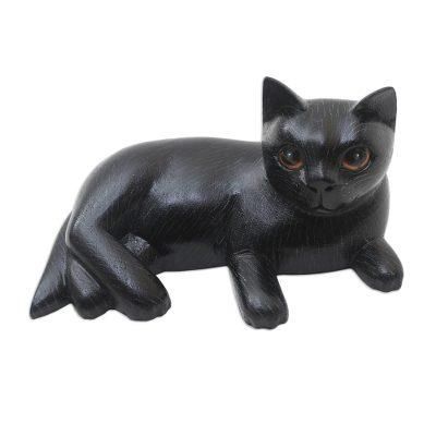 Feline Friend in Black,'Hand Crafted Suar Wood Cat Statuette'