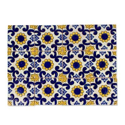 Sunflower,'Talavera-Style Ceramic Tiles (Set of 12)'