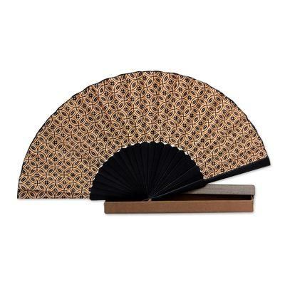 Silk batik fan, 'Golden Rings'