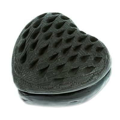 Heart & Drops,'Barro Negro Black Ceramic Mini Jewelry Box Crafted in Mexico'
