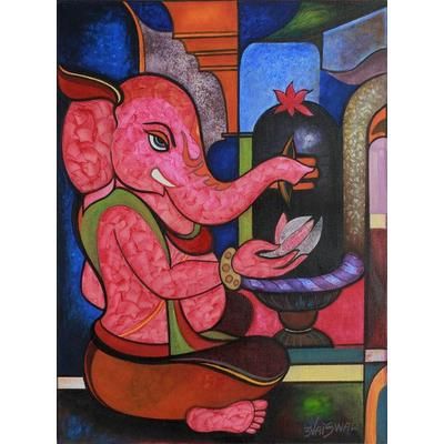 'Worshipping Ganesha' Red Ganesha Painting from India