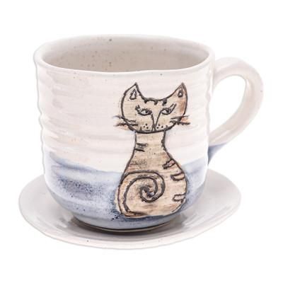 Whimsical Cat,'Handcrafted Ceramic Cup and Saucer Set with Cat Motif'