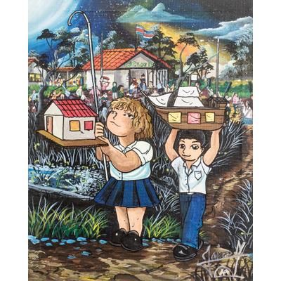 Lanterns,'Signed Stretched Acrylic Naif Painting of Kids and School'