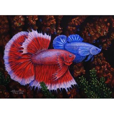 A Couple of Mature Betta Fish,'Signed Painting of Red and Blue Betta Fish from Bali'