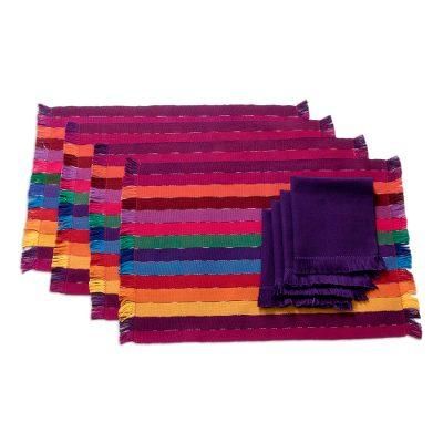 Rainbow Delight,'Handwoven Cotton Rainbow Placemats with Napkins (Set of 4)'