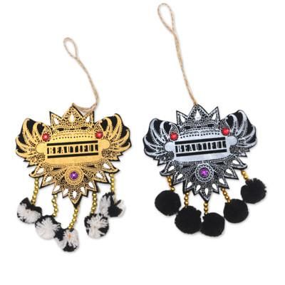 Dark Balinese Glory,'Set of 2 Traditional Beaded Ornaments with Black Pompoms'