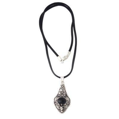 Midnight Garden,'Floral Sterling Silver and Onyx Necklace'