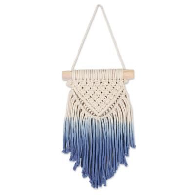 Blue Waterfall,'Handcrafted Blue Cotton Wall Hanging with Pine Wood Rod'