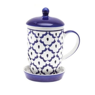 Proud Pineapple,'Blue Pineapple Ceramic Mug and Saucer Set with Lid'