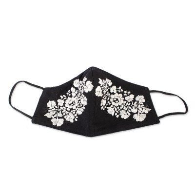 Flower Garden in Ivory,'Reusable and Washable Black Cotton Floral Face Mask'