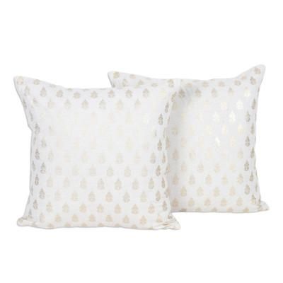 Golden Spring,'Pair of Cotton Cushion Covers with Golden Floral Motifs'