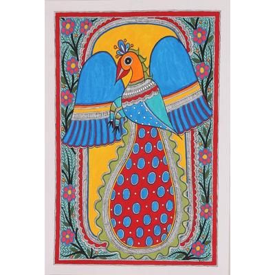 Flying Peacock,'Acrylic Madhubani Peacock Painting on Handmade Paper'