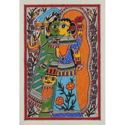 'Shiva and Parvati Hindu Madhubani Painting from India'